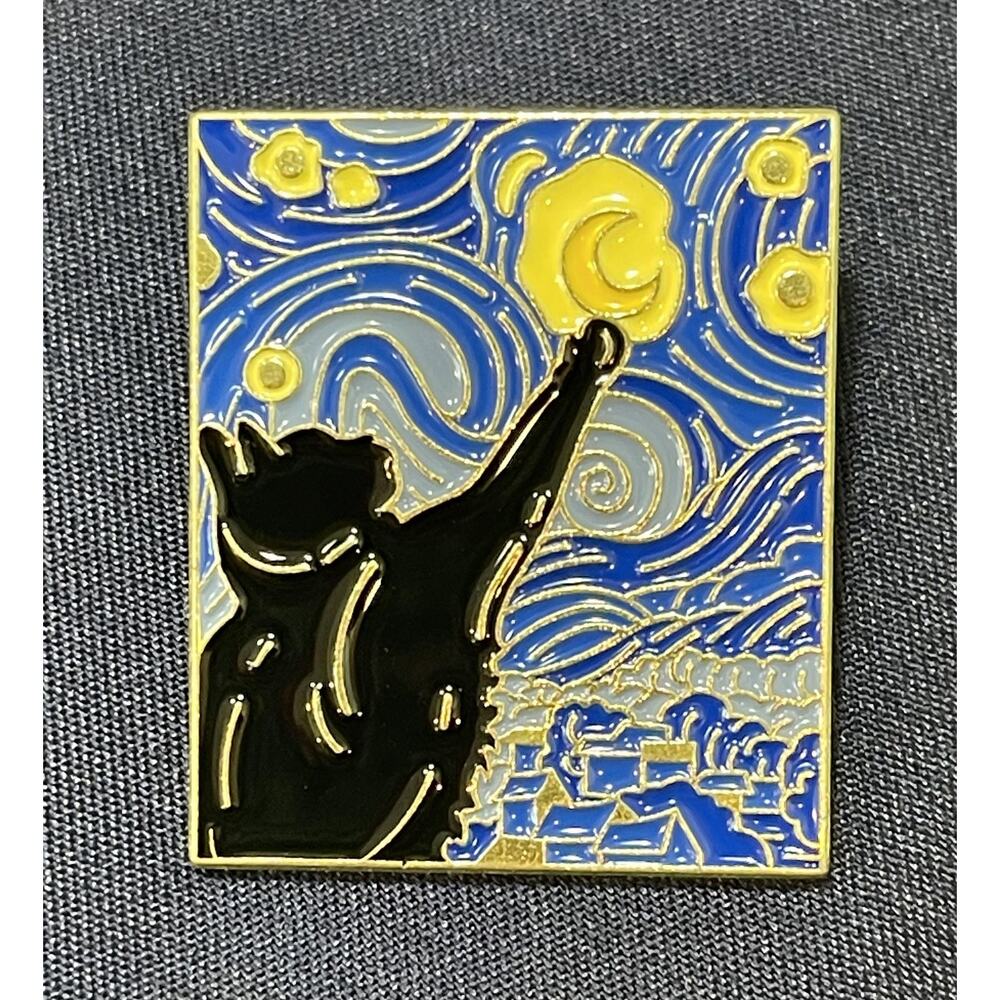 NWOT Black Cat Starry Night Enamel Lapel Pin Blue Yellow Gold Van Gogh Inspired